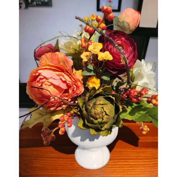 Autumn Artificial Floral Centerpiece With Sunflowers & Ranunculus Arrangement Wh - Picture 4 of 9